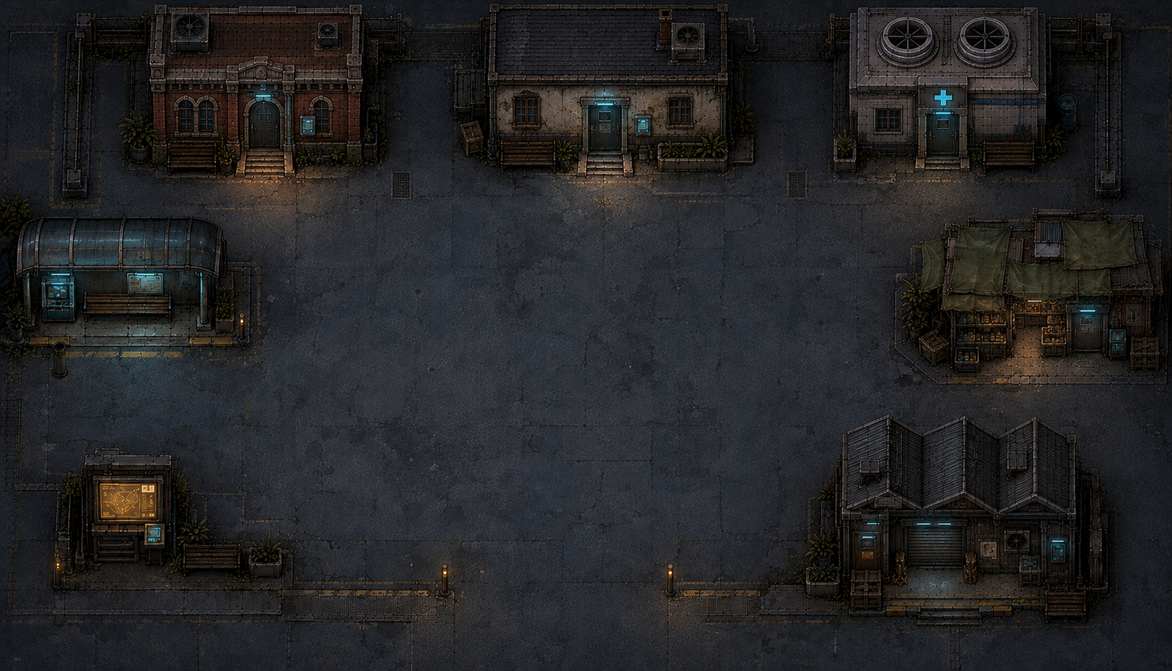 The illustrated streets, shops and industrial buildings of Rustline Commons
